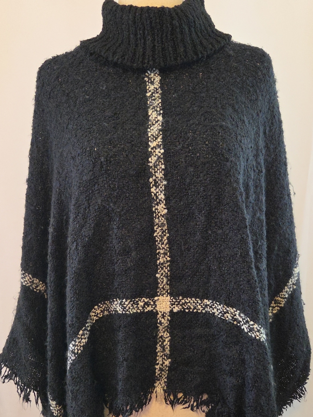 Coco + Carmen Black Bouclé Turtleneck Poncho with Cream Grid- One Size Fits Most